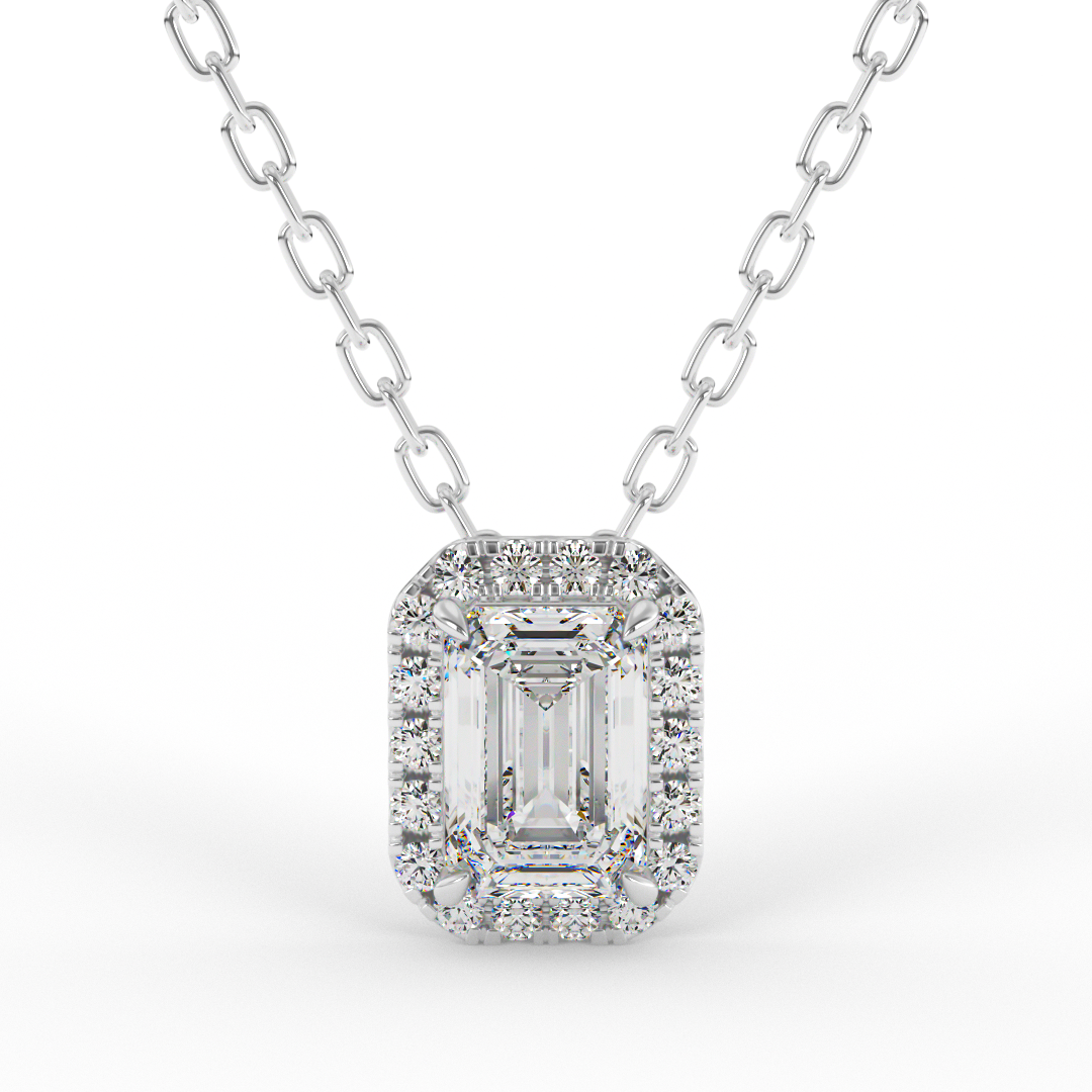 Lab Grown Emerald Diamond Halo Necklace